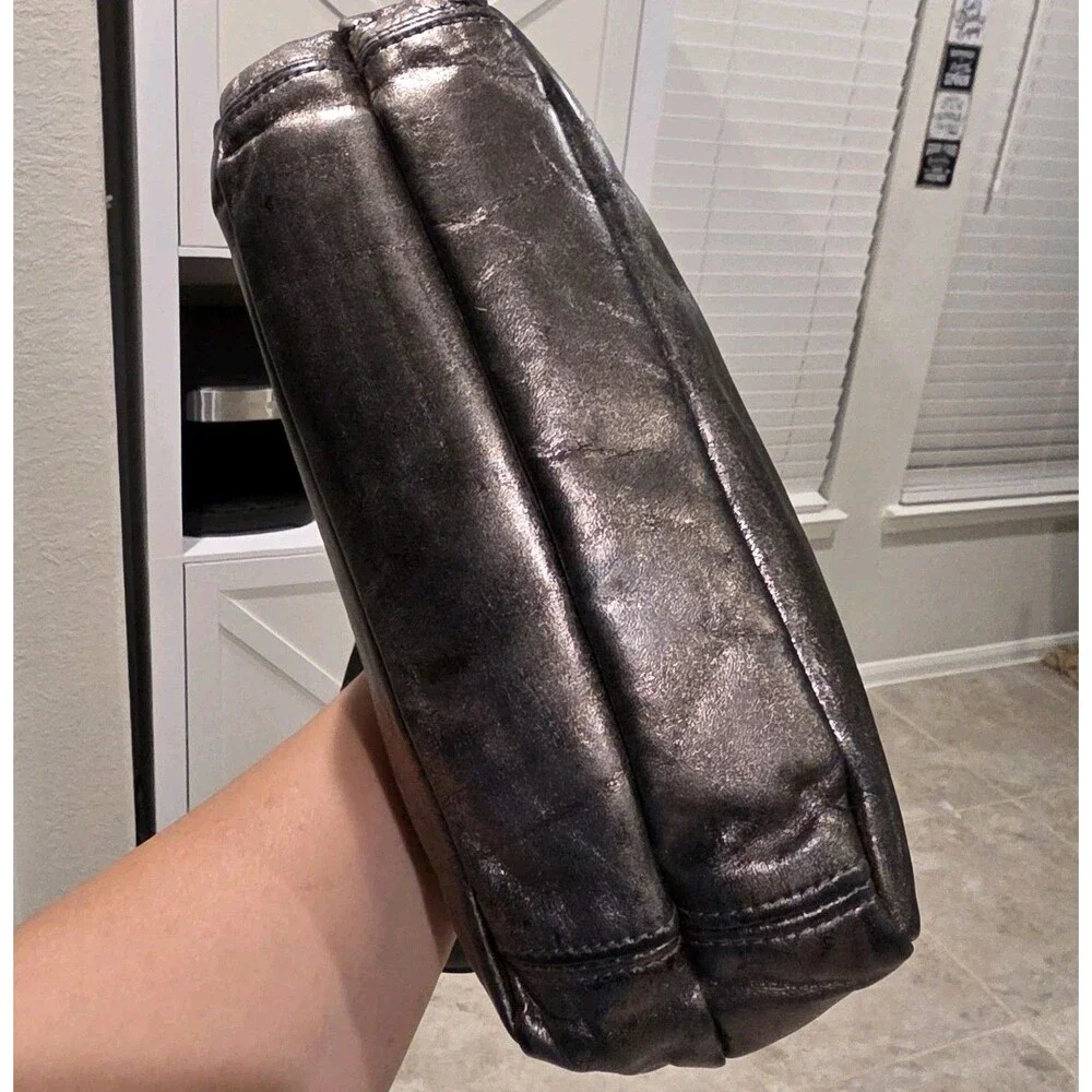 Vintage SHS Metallic Black Textured Leather Multi-Zip Shoulder Bag